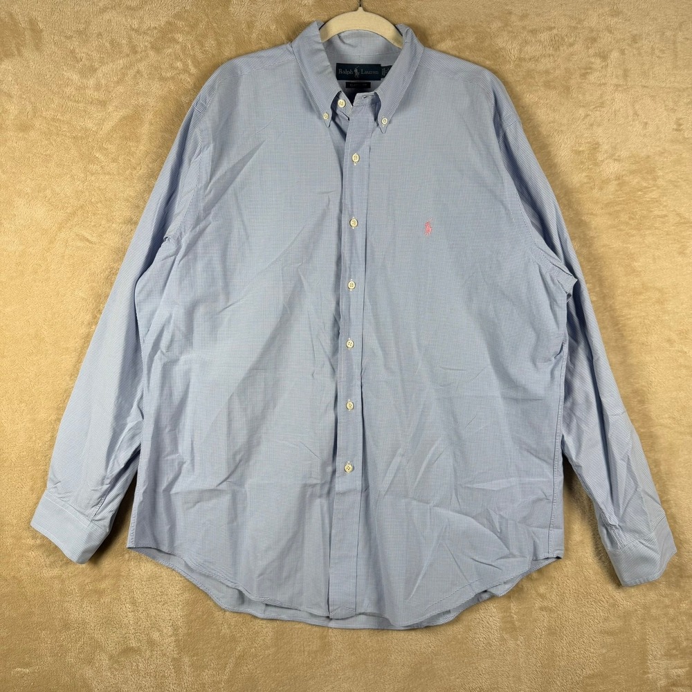 Ralph Lauren Classic Fit Gingham Blue Button Down 17 34/35 Long Sleeve Pink Pony